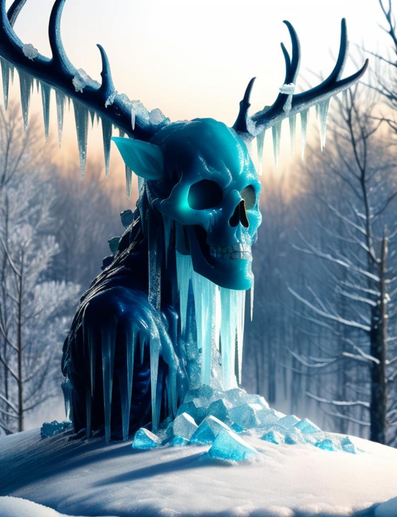 Blue Skeleton with Icy Chains and Ice Antlers in a Snowy Forest