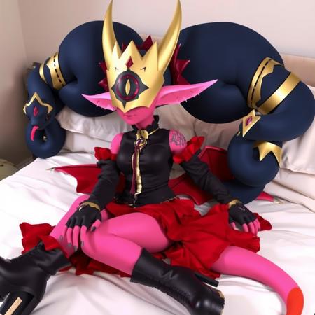 photo of Medusamon, a humanoid with a predominantly pink and black color scheme. She has pink skin, pointy ears,black twintail hair made of snakes, a single red eye and golden mask with with two horns. Each of her snakes has a golden crown on its head. She is wearing a black shirt with detached sleeves and a pendant and a red frilled dress with her single red tail poking through it. She has red dragon wings on her lower back and is wearing platform boots and fingerless gloves with eyes on the palms. She is laying on a bed in a bedroom. The image is a live action still from a movie.