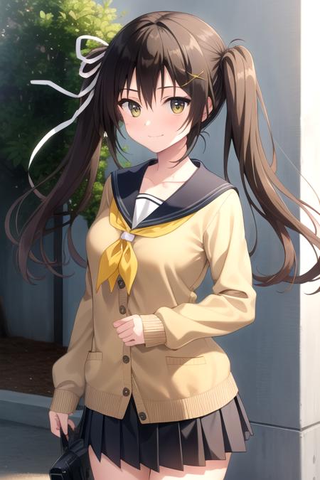 Nase Yukana long hair,brown hair,shiny hair,twintails,hair intakes,hair ribbon,white ribbon,x hair ornament,hairclip,hair between eyes,bangs,yellow eyes collarbone,school uniform,blue sailor collar,neckerchief,brown cardigan,large breasts,long sleeves,miniskirt,black skirt,pleated skirt,black socks,loafers