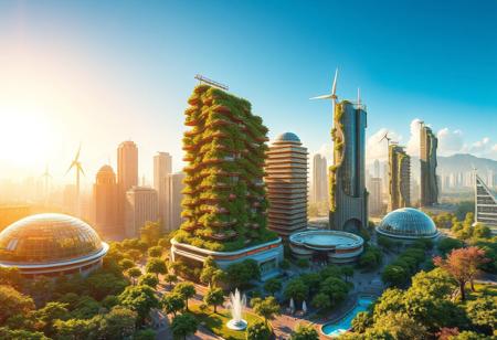 solarpunk cityscape, eco-friendly utopia, lush greenery intertwined with futuristic architecture, massive solar panels covering buildings, glowing golden sunlight, energy-efficient technology, vertical gardens growing on skyscrapers, glass domes housing botanical gardens, clean energy sources, wind turbines alongside solar-powered vehicles, bright and vibrant atmosphere, sleek organic shapes in architecture, harmonious integration of nature and technology, blue skies and clear air, bioluminescent pathways lit by eco-friendly lights, sustainable materials in every structure, photorealism, soft sunlight filtering through trees, vibrant greenery and flowers covering streets, serene water fountains, high resolution, ((masterpiece)), quiet harmony between nature and machines, radiant solar energy, tree-lined walkways, eco-friendly transport systems, organic energy cores