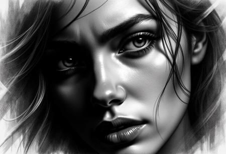 Extremely Close up, human, deep sadness, intense internal emotional pain, pleading side eye,Pencil drawing, black and white, pencil strokes, dark textured background, beautiful lighting, Scratchy pen strokes, Charcoal Art Sketch
