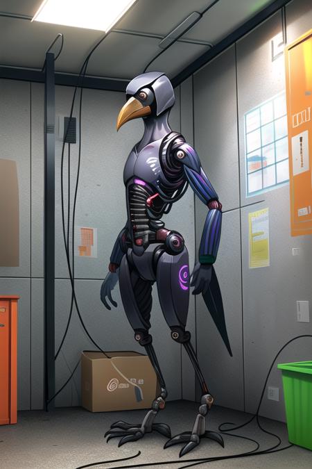 a animatronic crow, garage, cables