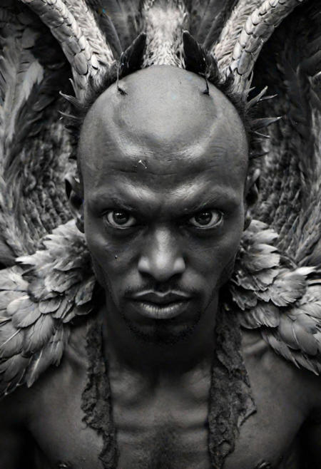 black and white photography style: very close up shot of Lucifer, symmetrical front view, he is an african handsome man, serious expression, completely black eyeballs, dark skin, extra thin, extra slim, famished, vascular, skinhead, extremely large black vulture wings, looking tilt down, grotesque environment, apocalyptic background, extremely beautiful, grunge black and white photography style, hyper-realistic, natural,  by Joel Peter Witkin