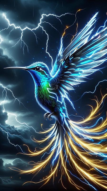 A majestic lightning colibri, a hummingbird with iridescent electric-blue and silver feathers, soaring through a stormy sky. Its wings beat rapidly, leaving trails of glowing lightning arcs. Sparks crackle along its wings and tail, and its eyes emit a soft, radiant light. The dark thunderclouds behind are illuminated by flashes of lightning, harmonizing with the birdâs movements. Ultra-detailed, fantasy art style, 4K resolution. <lora:lightning_thunder_V1.1:0.75>