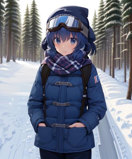 (adult woman), (1girl, solo), (looking at viewer), (ski goggles, goggles on head), (ski cap, ski coat, scarf), (blue hair, braid), (grey eyes), ((trees, slope)), (night, stars), (best quality, high detail), ((masterpiece)), <lora:1_lucie_20e:1>