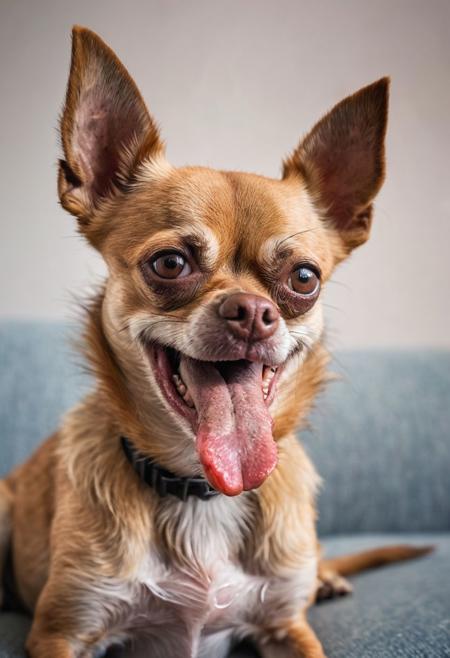 close up portrait of a (derpy ugly old chihuaha:1.3), blind in one eye, drooling with (messed up teeth:1.1), tongue hanging to the side, this little animal is both an angel and an angry hell spawn, this is the typical old dog that your grandma will pamper and let sit on the couch