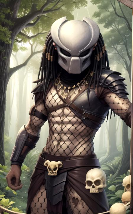 masterpiece, best quality, 1boy, yautja, armor, monster, helmet,  fishnets, laser, bone necklace, skull, looking at viewer, cartoon, forest