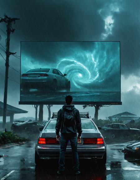 <lora:r0k00g00th:1>,r0k00g00th,r0kur3&l1tyHD. cyberpunk art,, a person standing in front of a large screen with a person on it's back and a car in front of it [2], prompt . ,weather, (stormy, hurricanes, typhoons:1.5), strong tropical storms with high winds,,