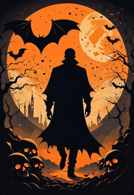Black and orange silhouette vector art, (Noir art style:1.3), Dramatic composition, Sweeping light, (Skulls and hearts:1.2), Geometric patterns, Sinister bats, (Lunar backdrop:1.2), Ghostly figure in the distance, (Dynamic energy:1.2), Haunting atmosphere.