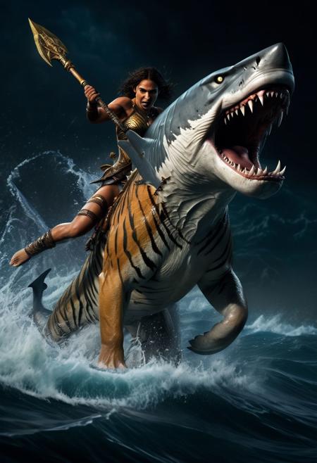 In the midst of a raging sea battle, a fearless a tiger rides an attack shark with precision, wielding a trident in hand as she leads her aquatic cavalry into the fray, Eternal black background, photo, cinematic light, intricate details, (photorealistic)