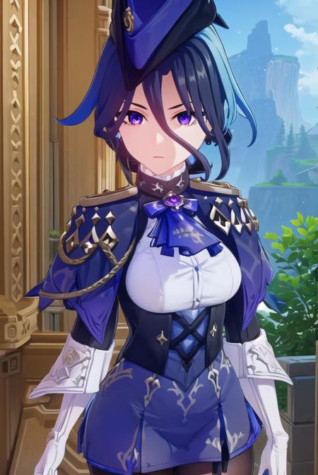 clorinde, blue hair, (purple eyes:1.1), short hair, streaked hair, skirt, gloves, hat, jacket, pantyhose, white gloves, blue headwear, ascot, pauldrons, brooch, corset,