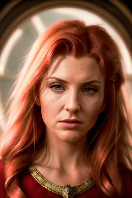 portrait photo of vivaBian1 ,(red  shirt), (red hair), alluring portrait, intricate, highly detailed, digital painting, artstation, concept art, naughty, sharp focus, cinematic lighting, illustration, art by artgerm and greg rutkowski, alphonse mucha, cgsociety