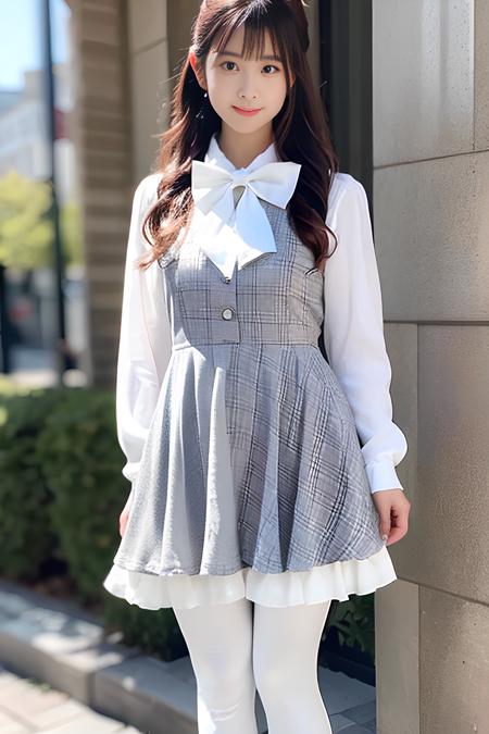 Amavelgerydress,1girl,full body, naughty face, 
Best quality, masterpiece, ultra high res, RAW photo,masterpiece, best quality, (photorealistic:1.4), delicate face, (narrow waist:1.2),
dress, long sleeves, bow, frills, (plaid dress:1.2), sleeves past wrists, white bowtie, standing, plaid,grey dress, white bow,(white pantyhose:1.4), footwear, pearl  button
outdoors, (blurry background:1.5), 
,<lora:AmavelgerydressV1.0:0.8>  <lora:cuteGirlMix4_v10:0.2> <lora:koreanDollLikeness_v10:0.2> <lora:japaneseDollLikeness_v10:0.2>