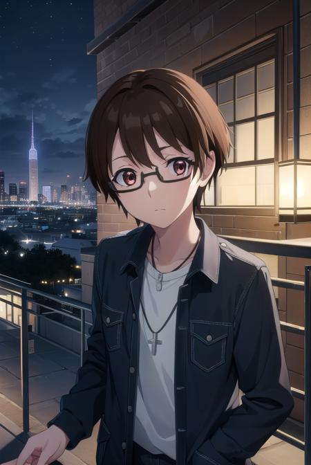 soutamizushino, <lora:souta mizushino s1-lora-nochekaiser:1>,
souta mizushino, brown hair, (brown eyes:1.3), male focus, glasses,
BREAK shirt, jewelry, necklace, uniform, pocket, pants, black pants,
BREAK outdoor, city, night, sky, buildings, moon, clouds,
BREAK looking at viewer, (cowboy shot:1.5),
BREAK <lyco:GoodHands-beta2:1>, (masterpiece:1.2), best quality, high resolution, unity 8k wallpaper, (illustration:0.8), (beautiful detailed eyes:1.6), extremely detailed face, perfect lighting, extremely detailed CG, (perfect hands, perfect anatomy),