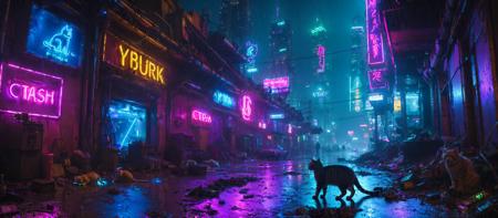 yberpunk cat(neon lights:1.3) clutter,ultra detailed, ctrash, chaotic, low light, contrast, dark, rain ,at night ,cinematic , dystopic, broken ground, tunnels, skyscrapers