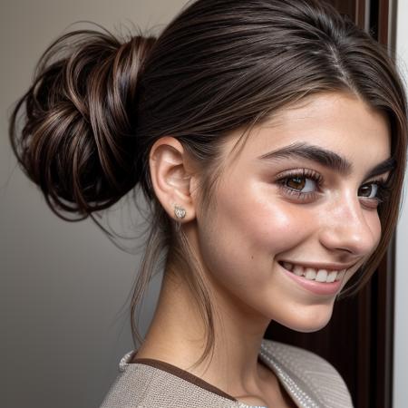 (21 y.o.:1.1) Chaya_Single in a dress, closeup photo, detailed (brown eyes:1.2), smile <lora:LowRA:.3>, hair up in a ponytail