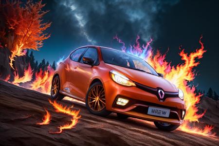 (style-flame-surge:1.1), <lora:clio4-rs:1> photo of a red clio4-rs from the front, jumping from a hill, smoke and fire behind