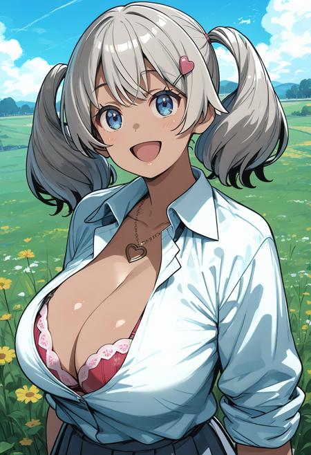 kurogyaru_azuki, blue eyes, grey hair, twintails, dark skin, heart hairclip, necklace, school uniform, cleavage, bra, collared shirt, pleated skirt,