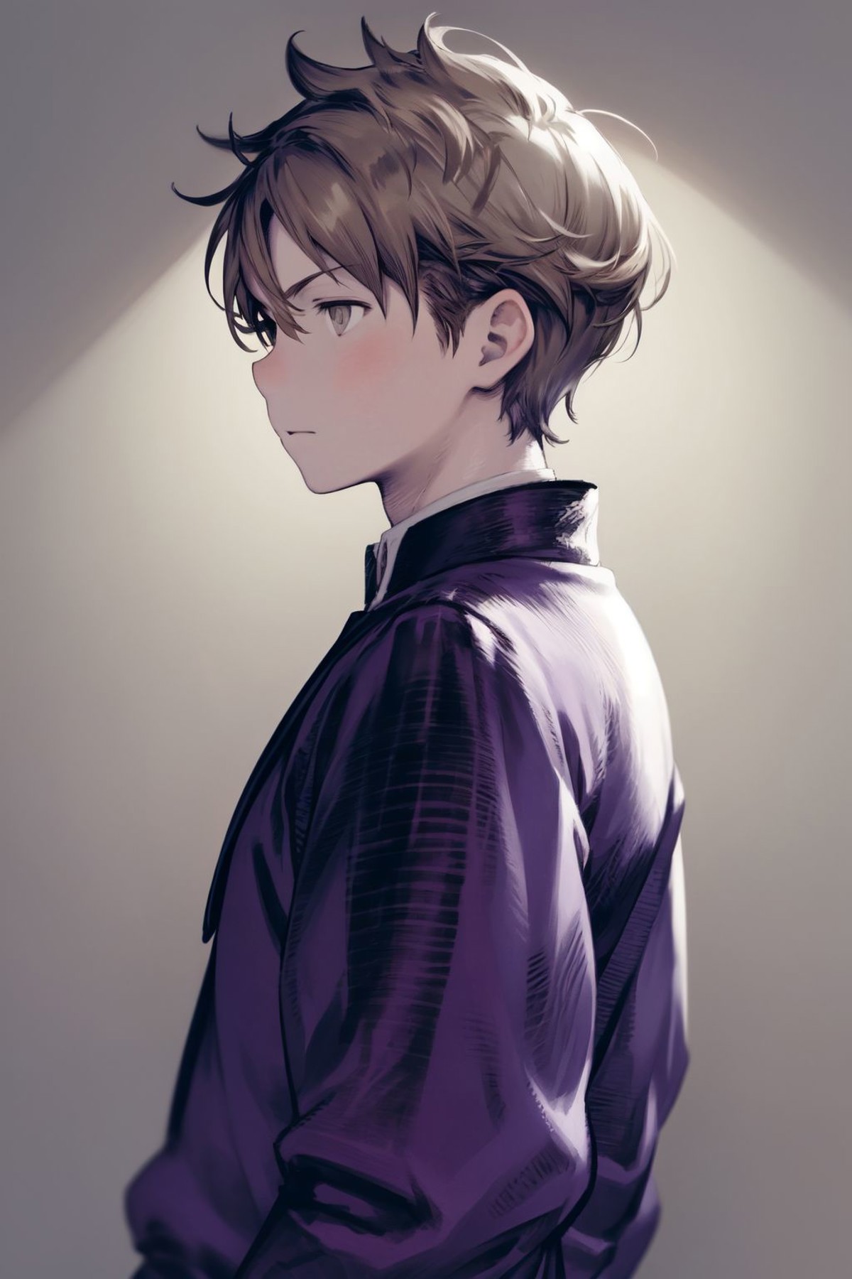 portrait, solo, 1boy, looking to the side, light brown hair, undercut, grey eyes, purple clothes, backlighting, simple bac...