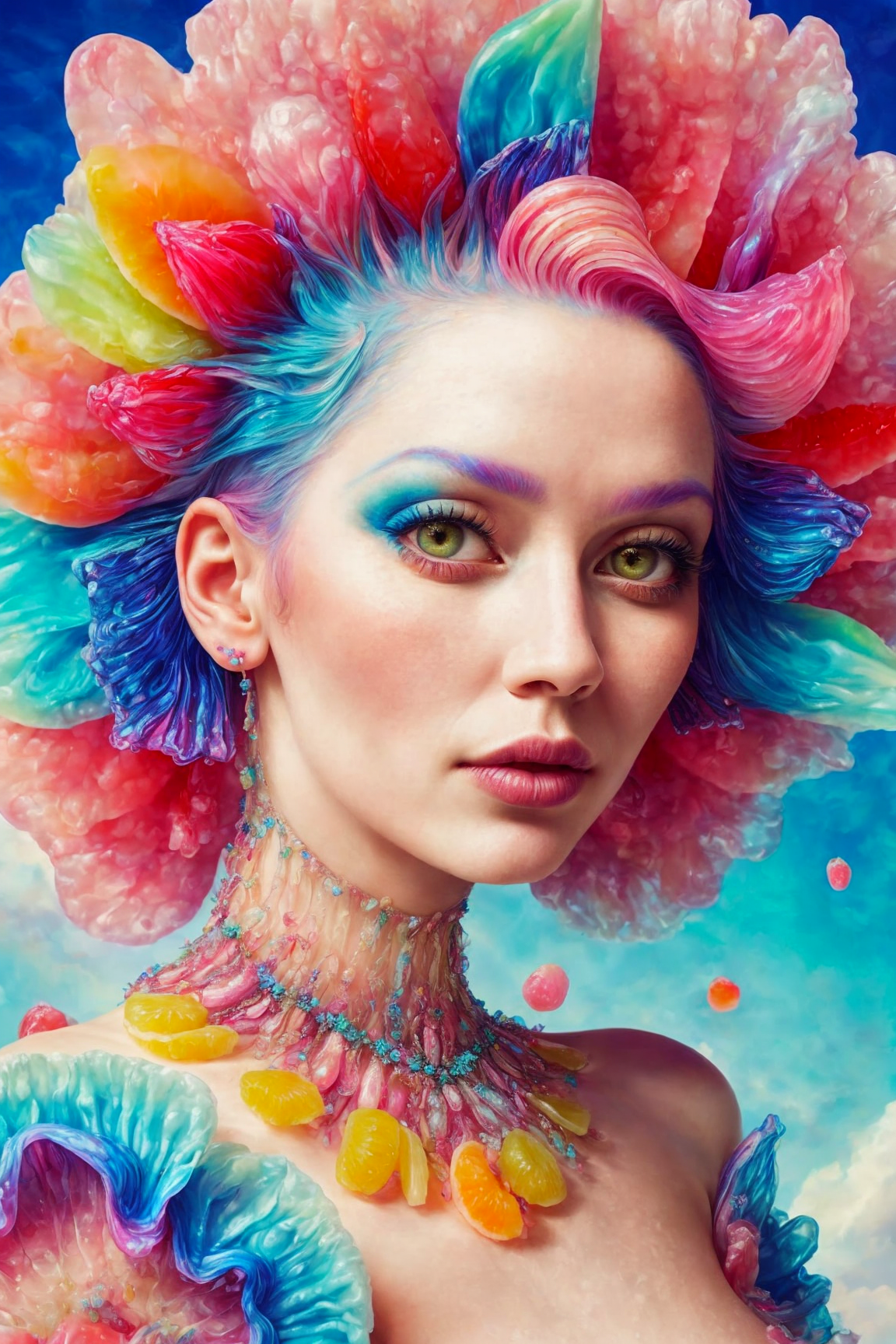sharp focus, up close portrait of a beautiful pink jelly fantasy woman, blue hair, a dress made of fruit slices, looking a...