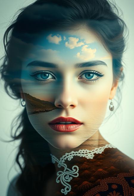 A surreal double exposure portrait that blends a woman’s face with a beautiful seascape. The overall mood is dreamy and mystical, with rich colors and intricate details.