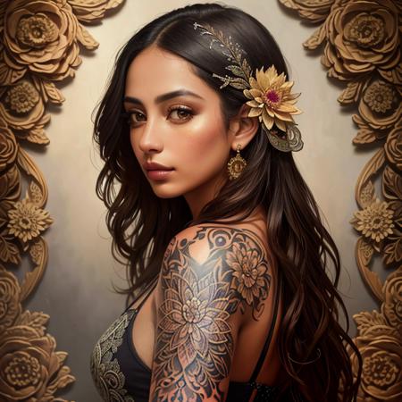 tattoo,     Breathtaking, a character portrait, a Colombian woman named Paisley,  dahlia, detailed background, ((masterpiece, high quality, highly detailed, intricate detail))