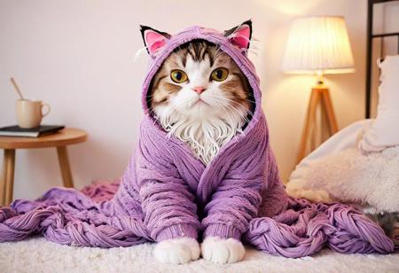 anime waifu, cat onesie, grumpy tabby cat, tangled yarn, pillows, blankets, soft light, relaxed expressions, messy hair, humorous, cozy, detailed, vibrant colors