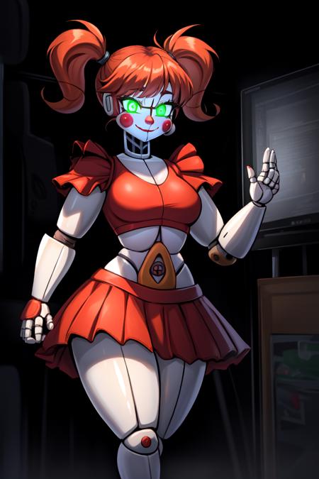 1girl, solo, (circus baby:1.2), (gynoid, robot, robot joints), white skin, large woman, red skirt, crop top, red hair, blush stickers, twintails, clown, small breasts, wide hips, thick thighs, (glowing eyes, green eyes:1.4), BREAK
masterpiece, best quality, illustration, sketch, walking forwards, crazy eyes, menacing, evil, seductive smile, dark theme, smug <lora:CircusBabyV1:1>,  <lora:lowkey_v1.1:0.6>