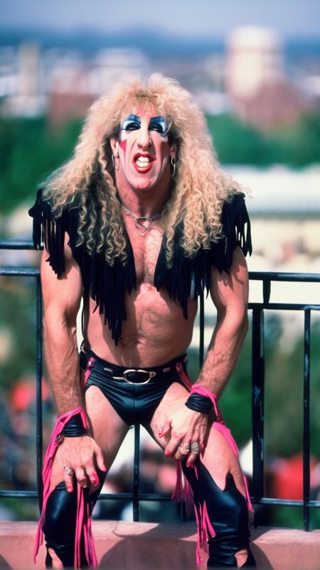 twisted sister dee snider, posing on a balcony, bokeh, photorealistic, analog film, nikon dslr