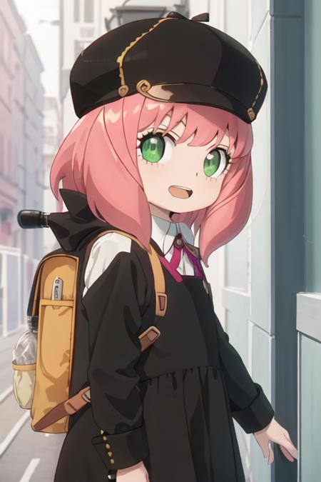 best quality, masterpiece, highres, solo, {anya_forger_spyxfamily:1.15}, pink_hair, female_child, child, green_eyes, open_mouth, bangs, 1girl, backpack, bag, black_headwear, eden_academy_school_uniform, hat, school_uniform, medium_hair, black_dress, dress, from_side