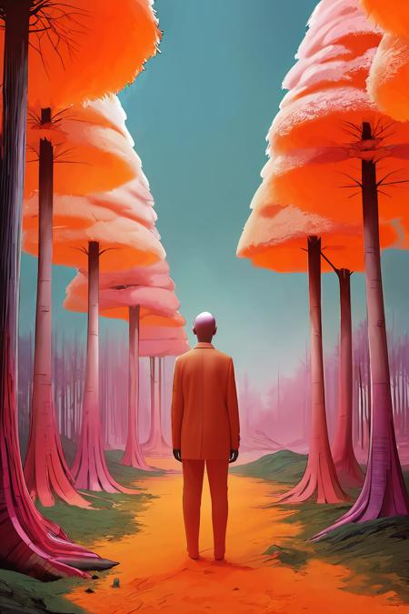 A surrealistic fusion of Reuben Wu's ethereal landscapes with Nick Knight's hyper-realistic models. A Synthetic forest of barcode trees, where creatures with Taro Okamoto's biomechanical limbs frolic and play. The sun sets in vibrant, electric hues, casting long, synthetic shadows that distort the Sharp Focus images of the models. In the distance, a satellite hovers, projecting old school designs onto the landscape, OverallDetail