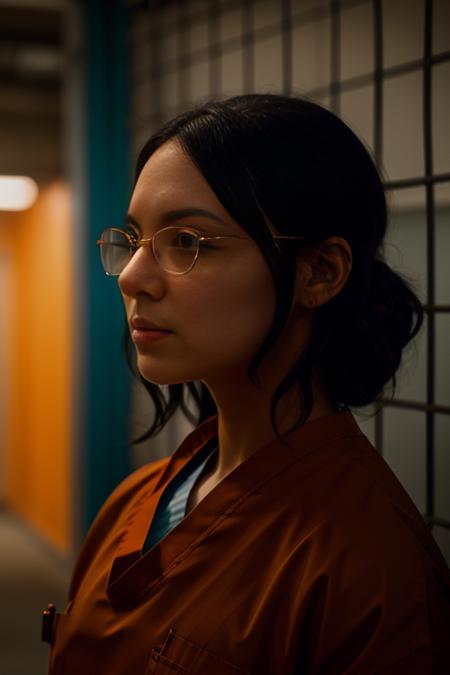 14ur4pr3p0n, glasses, black hair, wearing (orange prison scrubs:1.3), surrounded by prisoners, prison, vray render, ray tracing, subsurface scattering, by Josan Gonzalez and Liang Mark (upper body shot), (looking at viewer:1.3), (hyper realistic:1.3), (portrait:1.2), highly detailed eyes, (highly detailed skin:1.3), (freckles:0.6), pores, (4k), back lit, rim light, <lora:Laura_Prepon_PMv1_Lora:1.3>,