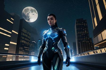 intricately detailed photograph of a gorgeous ((futuristic)) super-soldier of ambiguous ethnicity named Ava, detailed realistic eyes, detailed hair, detailed skin, wearing (sleek high-tech:1.1) power armor, appealing, eye-catching, aesthetic, (stunning shiny (advanced) outdoor nighttime future city:1.1), incredible metal buildings, impossibly tall ultramodern skyscrapers, full moon, stars, (amazing background:1.2), (vibrant colors), 8K, UHD, HDR, ultra-hd, cinematic, volumetric, dramatic, epic, realistic, breathtaking, impressive, high quality, best quality, masterpiece, (((anime))), (((cartoon))), (unreal engine 5), (raytracing)