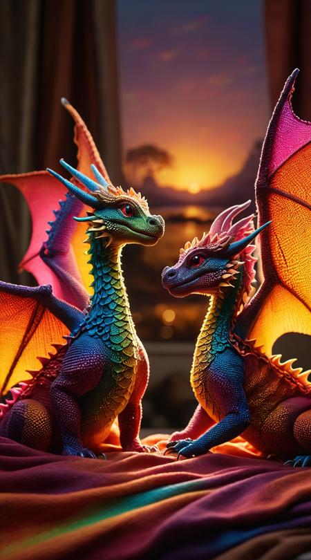 Rainbow-scaled dragons, marshaling armies, Tungsten bulb glow, roasting with a dry heat, radiant sunset gradients, silhouette against backlight, three-quarter length shot, eccentric maximalism, knitted woolen loops, glimmering water surface, vignette shadow framing, silky fabric drapery.
