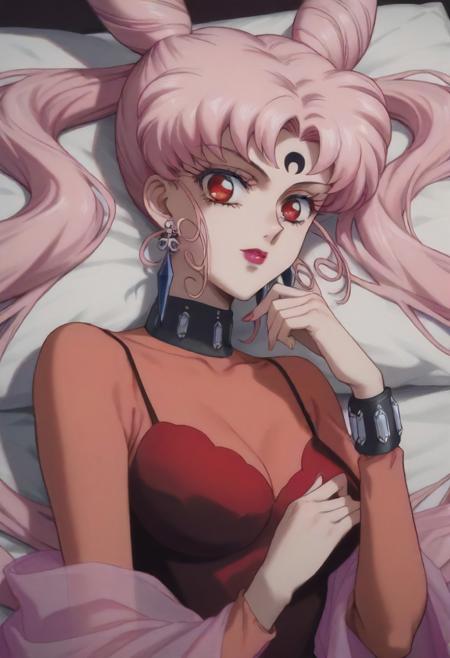 BlackLadyXL,red eyes,lipstick,crescent facial mark,pink hair,double bun,cone hair bun,twintails,long hair,very long hair,crystal earrings,crimson dress,pink Shawl,medium breast,black bracelet,black choker