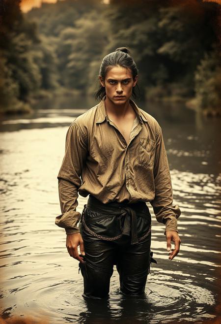 Score_9 score_8_up Realistic. Sepia. Antique photo. Sfw. A river surrounded by lush woodland  in the year 1560. A handsome young man with shaggy dark hair pulled back in a short ponytail, wearing a dirty soaking wet loose shirt, dirty soaking wet skin tight moleskin pants stands thigh deep in the water. His clothes are drenched, dripping wet, glistening in the light. He looks sullenly at the camera. Wet clothes, wet clothing fetish, Scratchy antique image, vignette