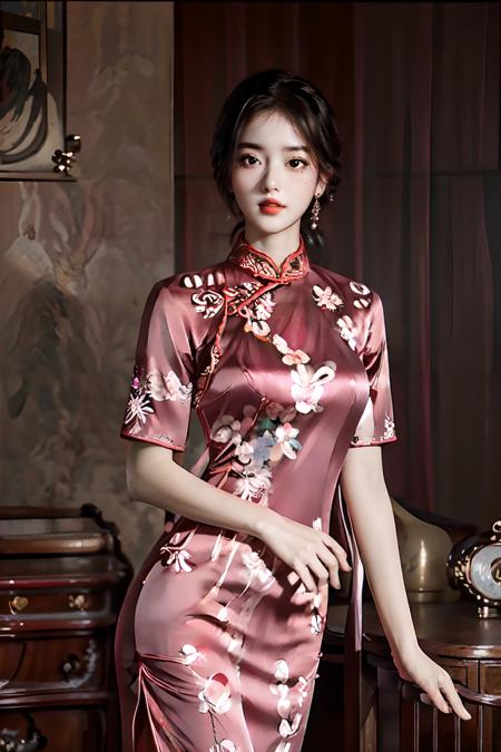 masterpiece,(best quality:1.3),ultra high res,raw photo,detailed skin,beautiful lighting,(realistic, photo-realistic:1.4),
1girl,<lora:qipaoV1:1>,qipao,Pink background,