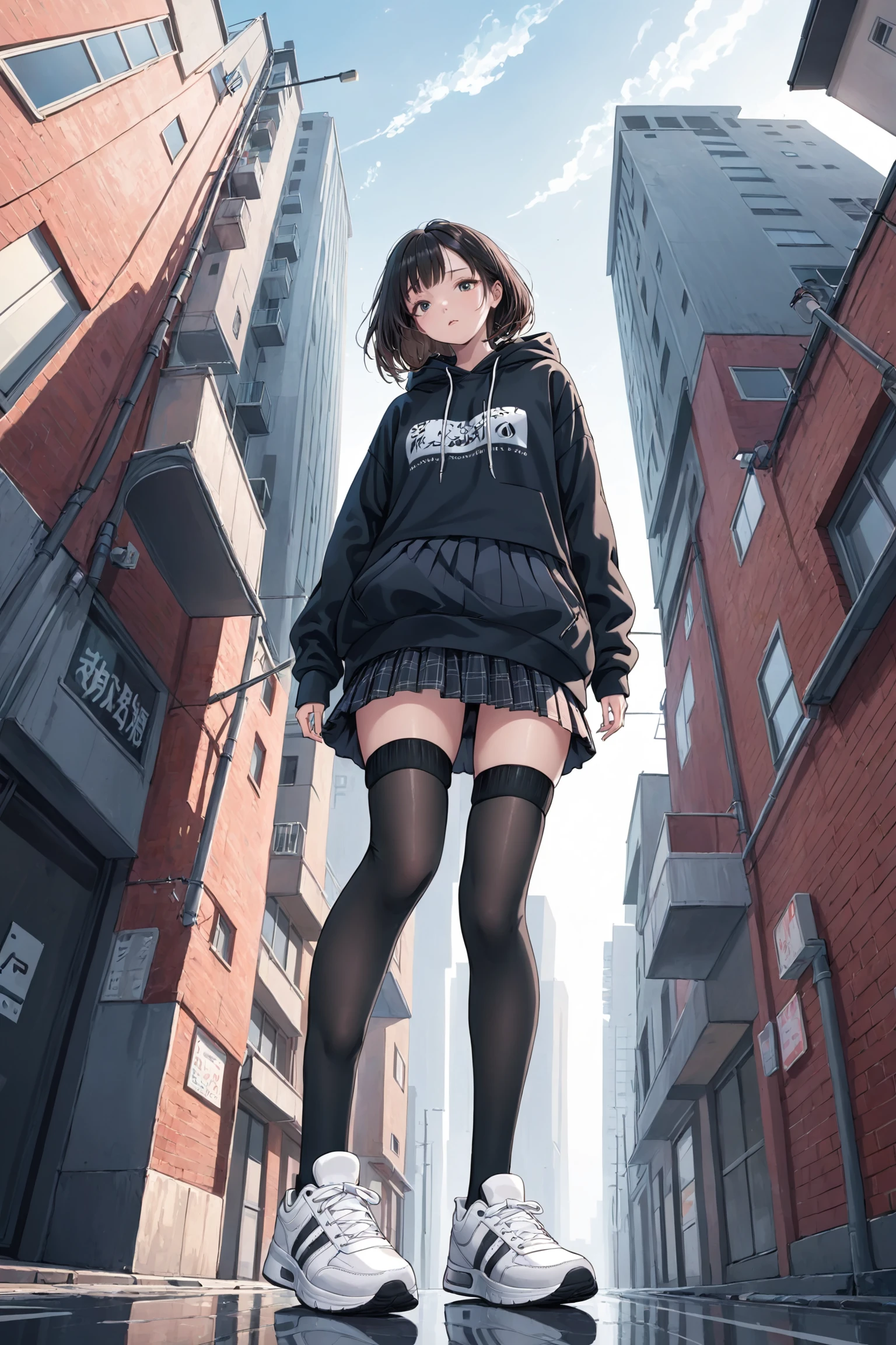 illustration, girl, hoodie, skirt, thigh-highs, sneaker, from below, looking down, street, scenery, cityscape