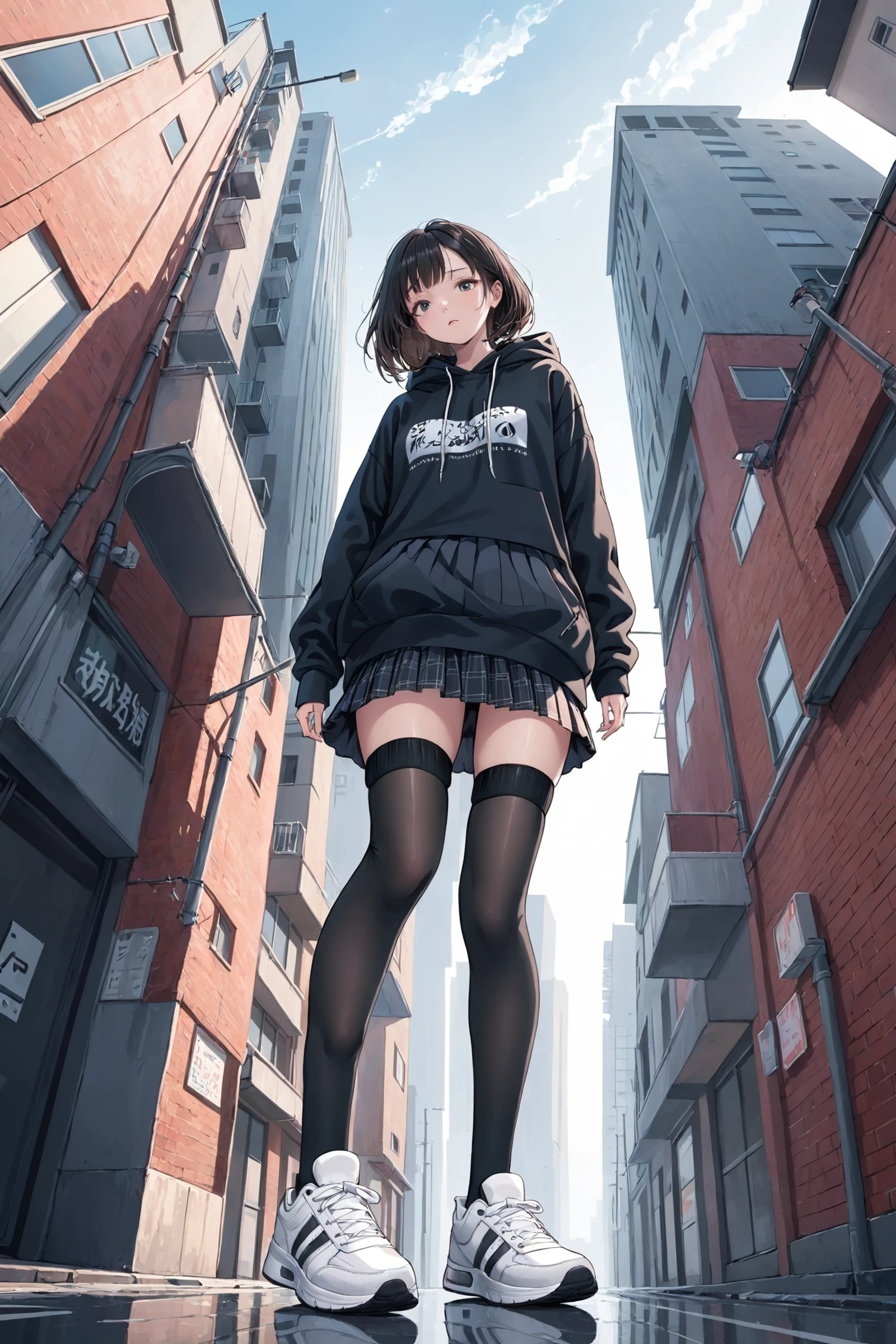 A young woman wearing a black hoodie and black stockings stands in an urban environment.