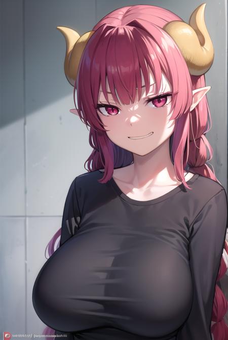 dragonilulu, <lora:ilulu-lora-nochekaiser:1>,
ilulu, curled horns, horns, long hair, multicolored hair, purple hair, (red eyes:1.5), red hair, (slit pupils:1.5), (large breasts:1.2), <lora:smirkingeye_v100:1>, <lora:talkmouth_I_v100:1>,
BREAK black shirt, (long shirt:1.5), black thighhighs, collarbone, shirt, short sleeves, thighhighs, wide sleeves, zettai ryouiki,
BREAK looking at viewer, upper body, fully body,
BREAK indoors,
BREAK <lyco:GoodHands-beta2:1>, (masterpiece:1.2), best quality, high resolution, unity 8k wallpaper, (illustration:0.8), (beautiful detailed eyes:1.6), extremely detailed face, perfect lighting, extremely detailed CG, (perfect hands, perfect anatomy),