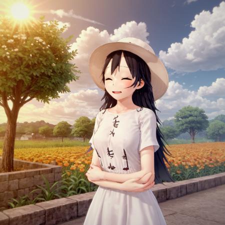 outdoors, solo, 1girl, hat, closed eyes, flower, blush, long hair, black hair, brown eyes, sky, smile, open mouth, dress, braid, day, white dress, scenery, tree, cloud, short sleeves, sun hat, <lora:Yumi_Yamaguchi:1>