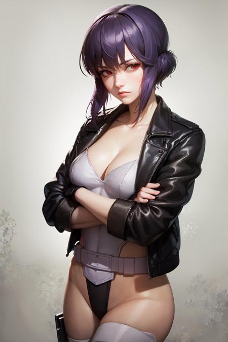 (masterpiece, best quality:1.2), <lora:ghostintheshell_kusanagi_sac-10:1>, cowboy shot, solo, 1girl, kusanagi motoko, expressionless, closed mouth, looking at viewer, crossed arms, jacket, leotard, thighhighs, gloves, cleavage