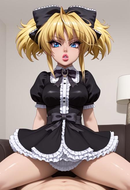 mittelt, blonde hair, blue eyes, narrowed eyes, messy hair, bangs, ahoge, short twintails, medium hair, sidelocks, small breasts, fang, hair bow, gothic ,