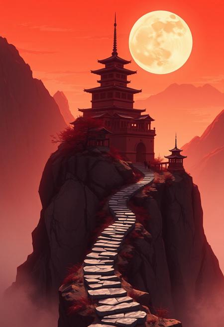 This is a digital illustration depicting a dramatic and mystical mountain landscape. The scene features traditional East Asian architecture, with pagoda-style buildings perched on cliffs.
Key elements include:
1. **Color Palette**: Dominated by shades of red and orange, suggesting either sunrise or sunset.
2. **Sun/Moon**: A large sun or moon hangs in the sky, contributing to the warm color scheme.
3. **Pathway**: A winding stone path leads up the steep cliffside towards one of the structures.
4. **Cliffs and Vegetation**: Rocky mountainsides with sparse vegetation add texture and depth.
5. **Buildings**: Traditional pagodas are situated atop the cliffs, enhancing the sense of height and isolation.
The overall atmosphere is serene yet adventurous, evoking themes of exploration and tranquility in nature. This style often draws inspiration from Asian art traditions and can be associated with fantasy or historical narratives.
