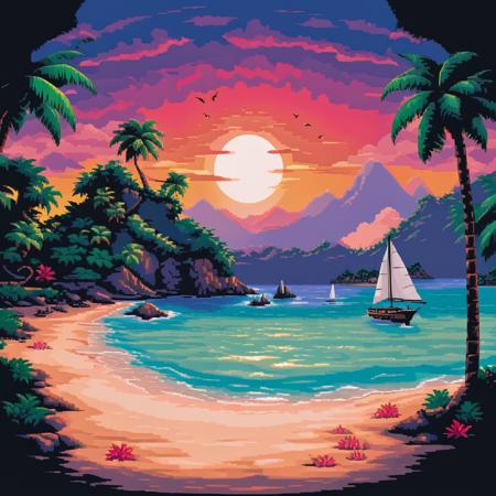 apxlz style, a tropical island bay with sailboat on horizon at sunset