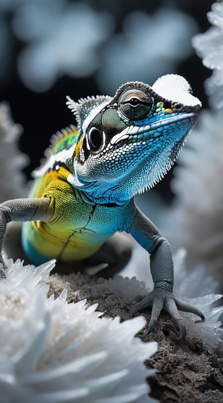 Chromatic chameleons, unlocking a hidden treasure, Gleaming halo, glacial with icy formations, matte charcoal depth, telephoto compressed perspective, over-the-shoulder frame, eccentric maximalism, coarse sandpaper abrasion, halo of back light, foreground interest layering, halo of back light.