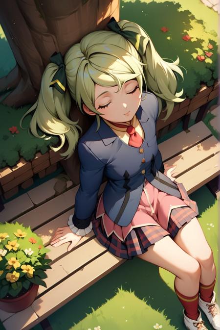 elize lutus, light green hair, green eyes, twintails, hair ribbon, red tie, navy blazer, pleated skirt, plaid skirt, frilled cuffs, pink dress, 