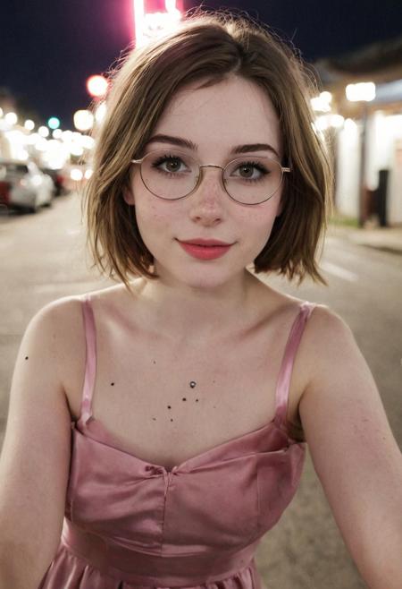 cute slim face,pantyhose,stockings,selfie, beautiful pale skinny 18yo girl, (bold eyeliner:1.3), pale skin,freckles,happy,soft smile, ear,messy brunette hair,freckles,outside,town,nighttime,round glasses,(neon lighting), [punk],(sexy pink satin evening dress), small breasts, soft smile, realistic soft skin, hyperdetailed, analog photo, Cinematic,contrast,high contrast,(very detailed eyes,detailed lips,detailed face,cute,pretty)