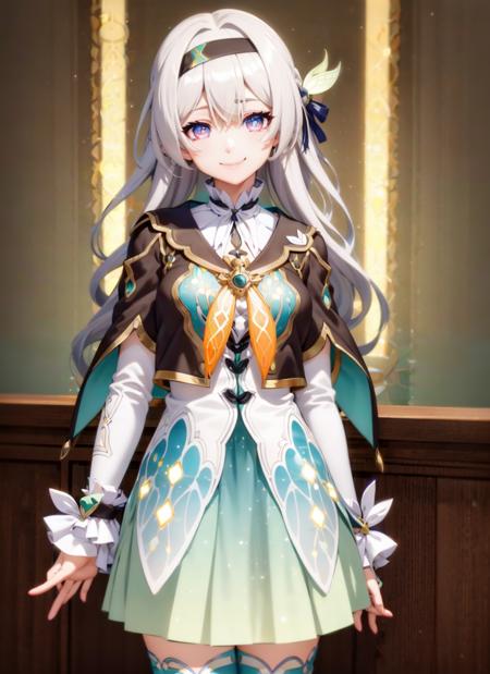 <lora:firefly:1> firefly \(honkai: star rail\), 1girl, solo, standing, dress, purple eyes, black hairband, white hair, long hair, dress, long sleeves, black capelet, black thighhighs, gradient legwear, blue skirt, puffy sleeves, closed mouth, light smile,