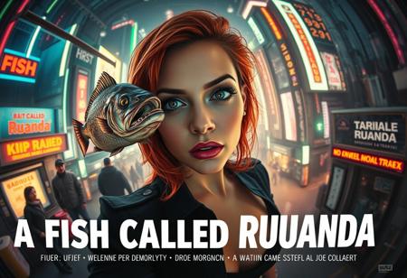**“A captivating and surreal movie poster for A Fish Called Ruanda, a futuristic B-movie thriller with a girly, campy twist. The scene is viewed through the exaggerated distortion of a fish-eye 12mm cinema prime lens, pulling the viewer into the chaotic, neon-soaked dystopian cityscape. Front and center is the main actress, Katarina Pesceallegro, a striking redhead with a mix of glamour and danger in her expression. Floating ominously nearby is a grotesque, decaying fish, symbolizing the ‘very rotten climax.’
The poster includes bold, retro-futuristic typography for the title A Fish Called Ruanda, with the subtitle in Polish beneath it. The credits at the bottom feature:
	•	Directed by: Max Morrison
	•	Director of Photography: Diego Dalla Luce
	•	Edited by: JOE “FINAL CUT” Switcho
	•	Main Actress: Katarina Pesceallegro
	•	Co-Starring: JOE FISH
	•	With the Cameo of: STEWEN SEAGULL
The design blends neon tones, gritty textures, and campy B-movie flair, making it a trendsetting cinematic experience that teases its quirky, action-packed storyline.”**